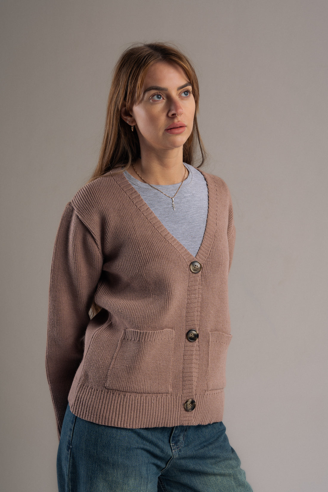 Nymeria Ribbed Cardigan in Taupe